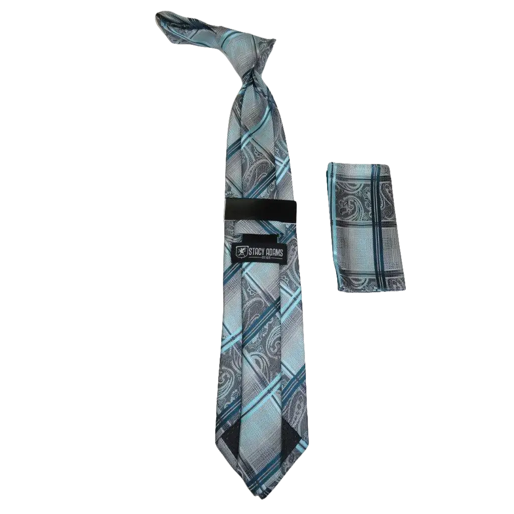 Men's Stacy Adams Necktie and Hankie Set Fancy Design Silky Look SAT3 Teal - J.Valintin Men's Wear Legend - sat3
