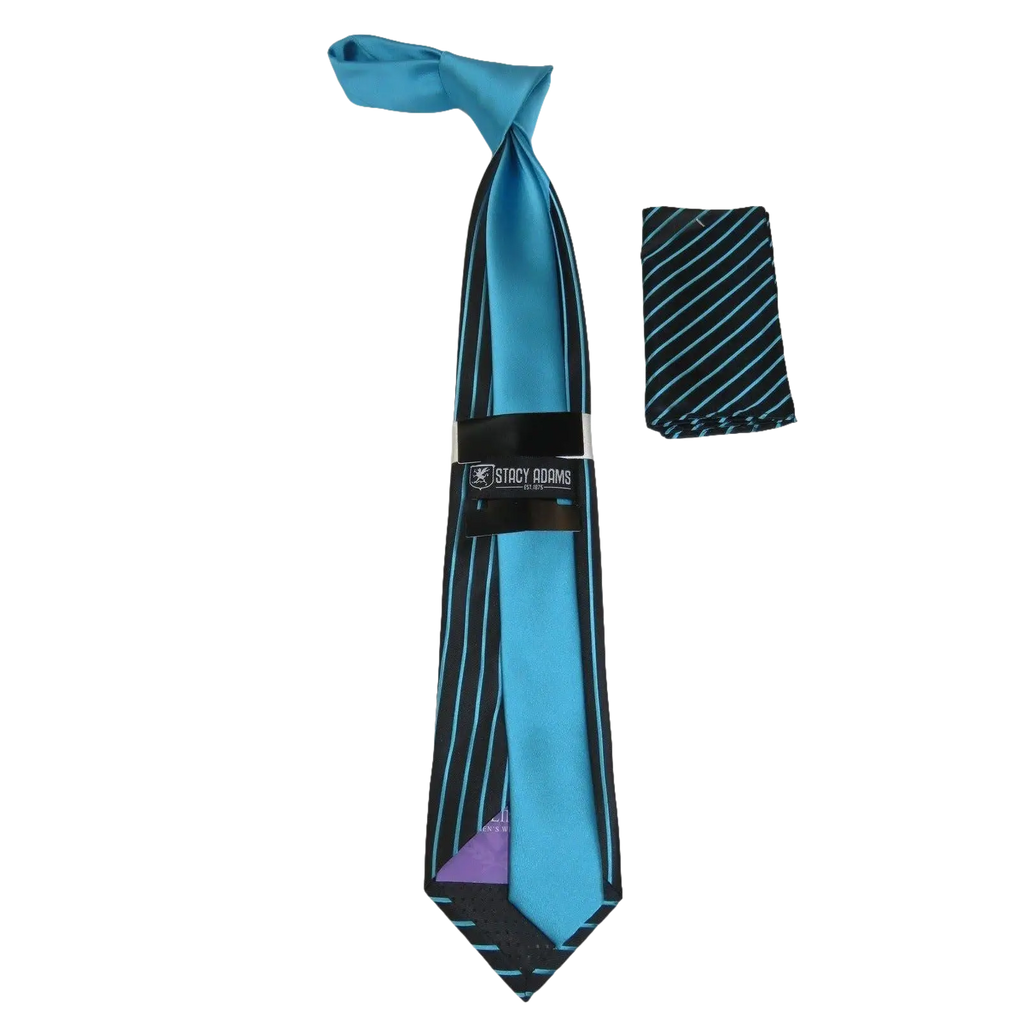 Men's Stacy Adams Tie and Hankie Set Woven Silky Fabric #Stacy31 Teal Stripe - J.Valintin Men's Wear Legend - 110
