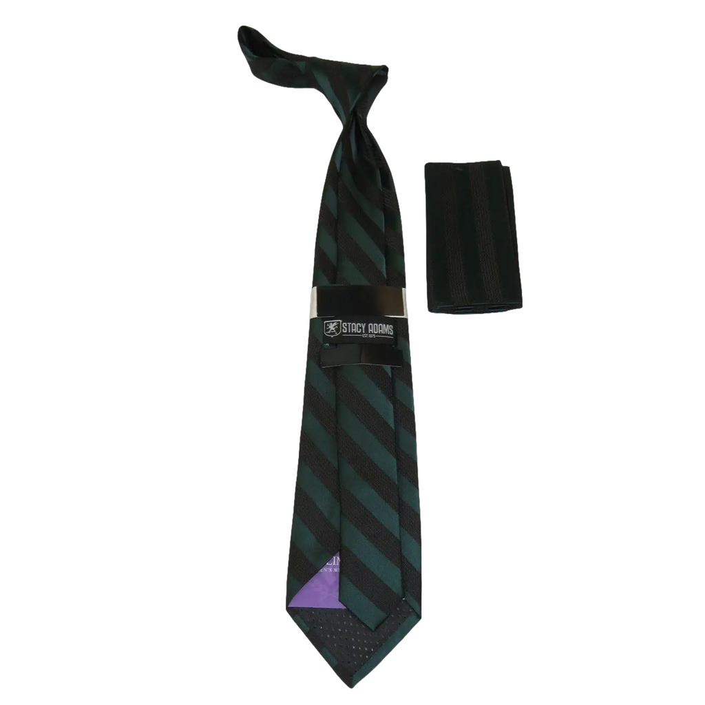 Men's Stacy Adams Tie and Hankie Set Woven Silky Fabric #Stacy52 Green Stripe - J.Valintin Men's Wear Legend - 131