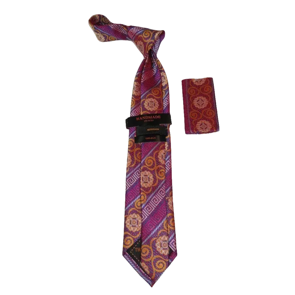 Mens Steven Land 100% Woven Silk Big Knot Tie and Hankie Set BW252,11 Pink Multi - J.Valintin Men's Wear Legend - 100021