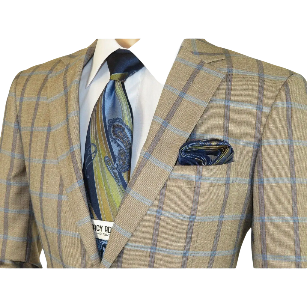 Mens Suit by RENOIR English Plaid Window Pane European Business 291 - 5 Beige blue - J.Valintin Men's Wear Legend - 32127