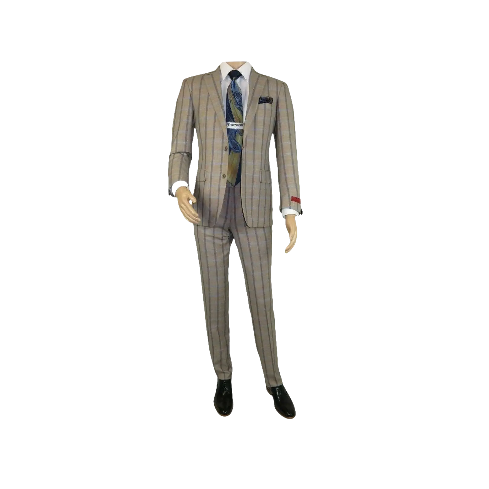Mens Suit by RENOIR English Plaid Window Pane European Business 291 - 5 Beige blue - J.Valintin Men's Wear Legend - 32127