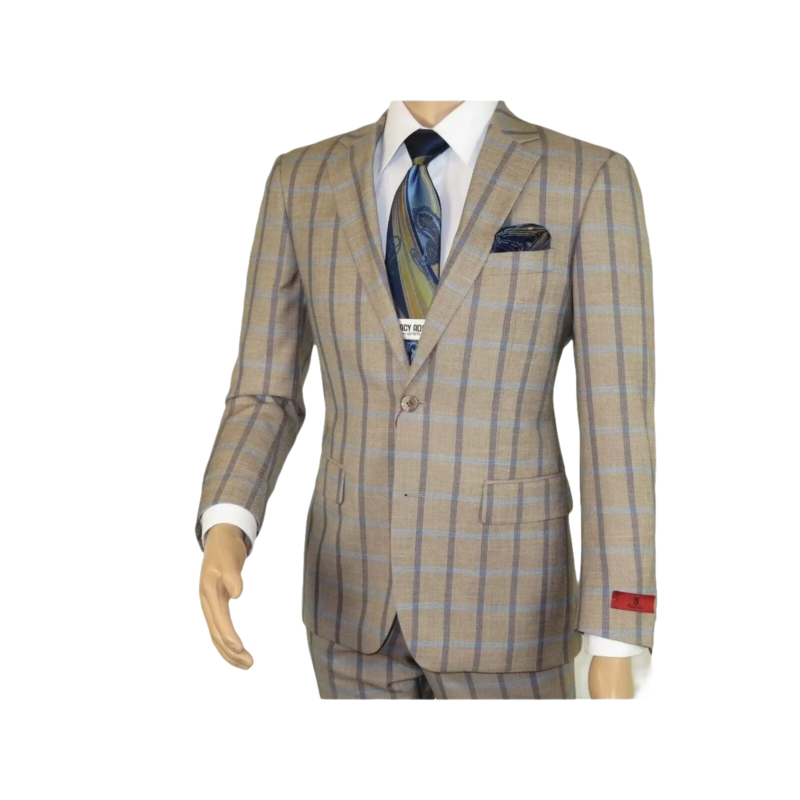 Mens Suit by RENOIR English Plaid Window Pane European Business 291 - 5 Beige blue - J.Valintin Men's Wear Legend - 32127