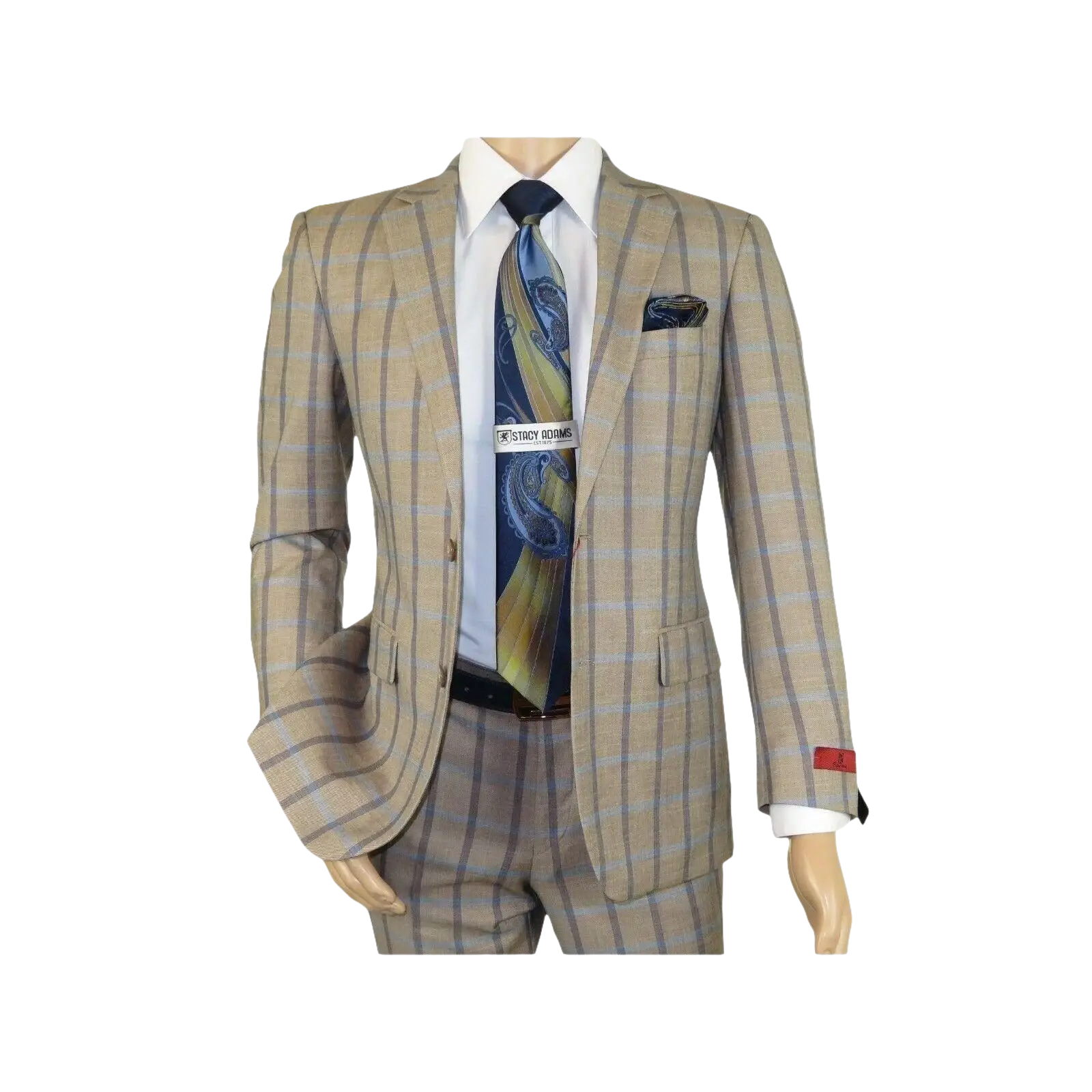 Mens Suit by RENOIR English Plaid Window Pane European Business 291 - 5 Beige blue - J.Valintin Men's Wear Legend - 32127