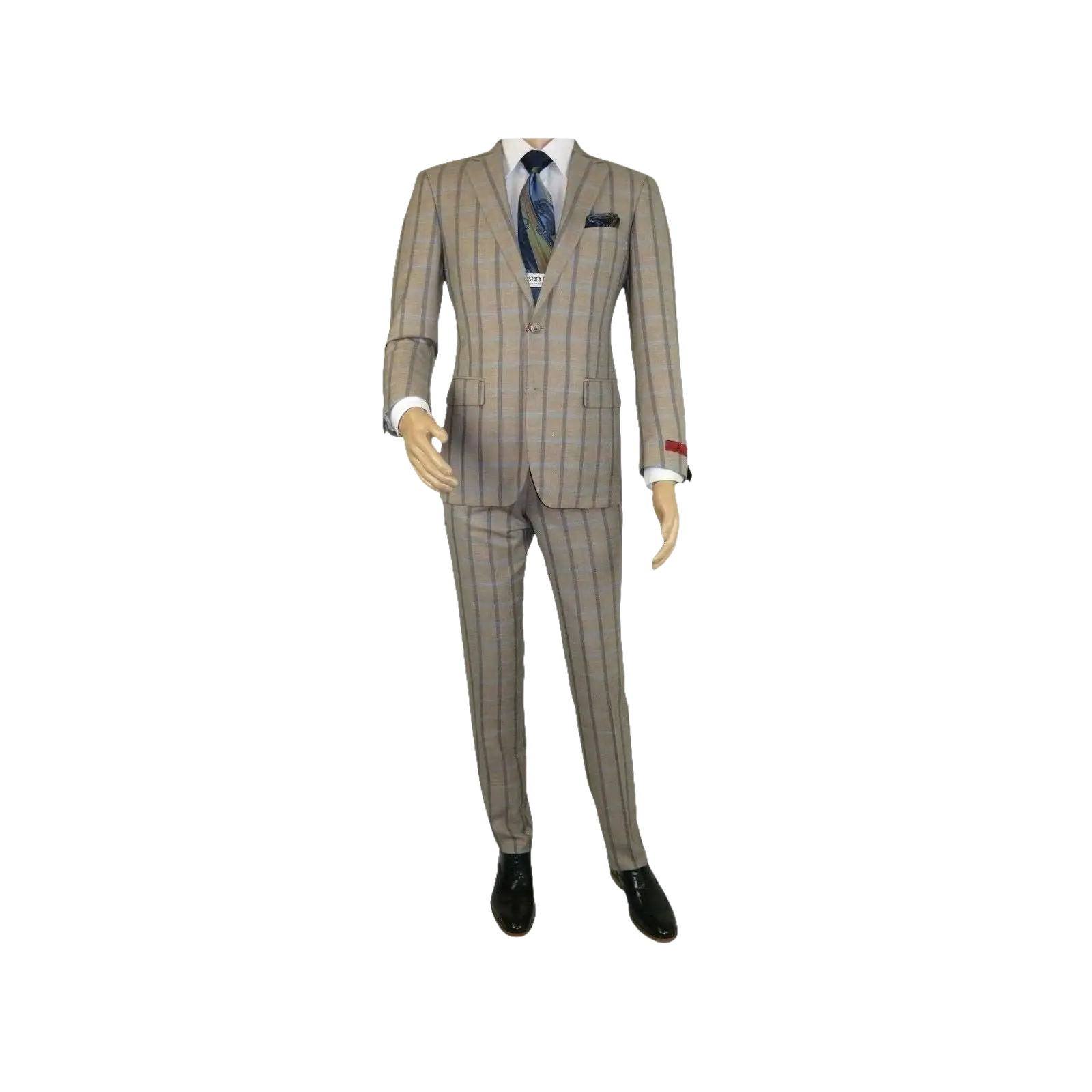 Mens Suit by RENOIR English Plaid Window Pane European Business 291 - 5 Beige blue - J.Valintin Men's Wear Legend - 32127