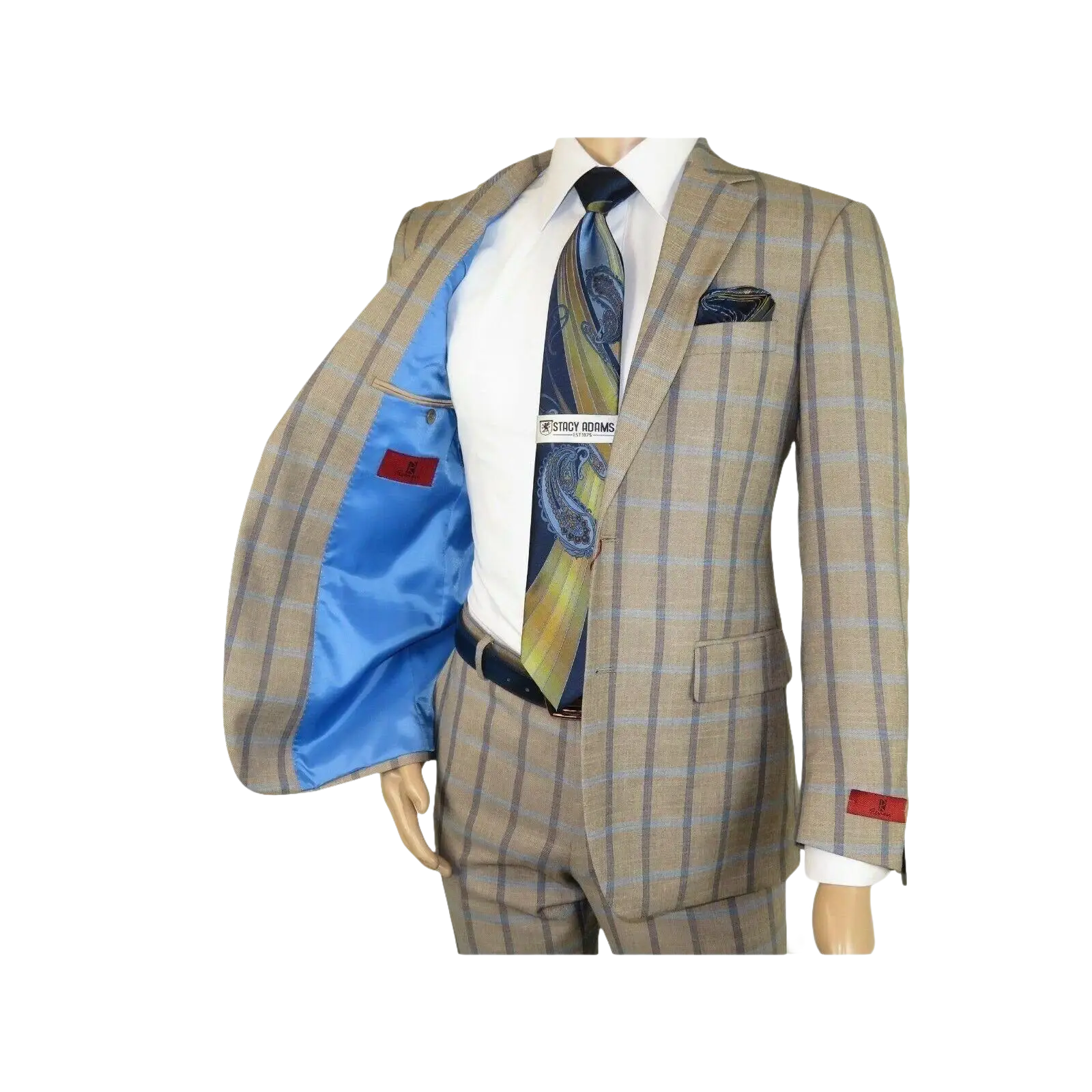 Mens Suit by RENOIR English Plaid Window Pane European Business 291 - 5 Beige blue - J.Valintin Men's Wear Legend - 32127