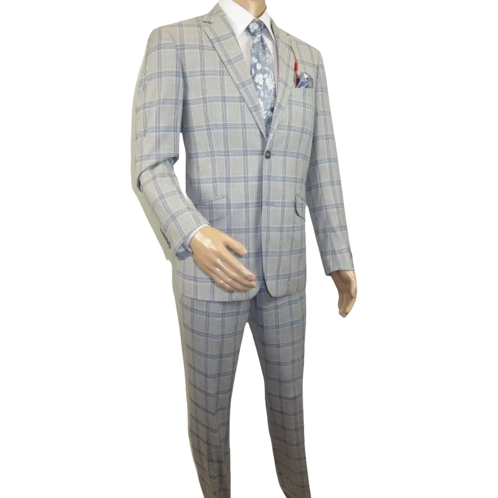 Mens Suit RENOIR English Plaid Window Pane Stretch Comfort Slim Fit 293 - 15 Gray - J.Valintin Men's Wear Legend - 293 - 15 Gray - 38S