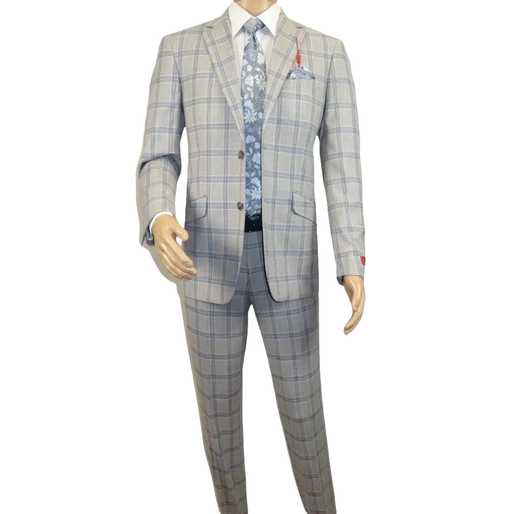 Mens Suit RENOIR English Plaid Window Pane Stretch Comfort Slim Fit 293 - 15 Gray - J.Valintin Men's Wear Legend - 293 - 15 Gray - 38S
