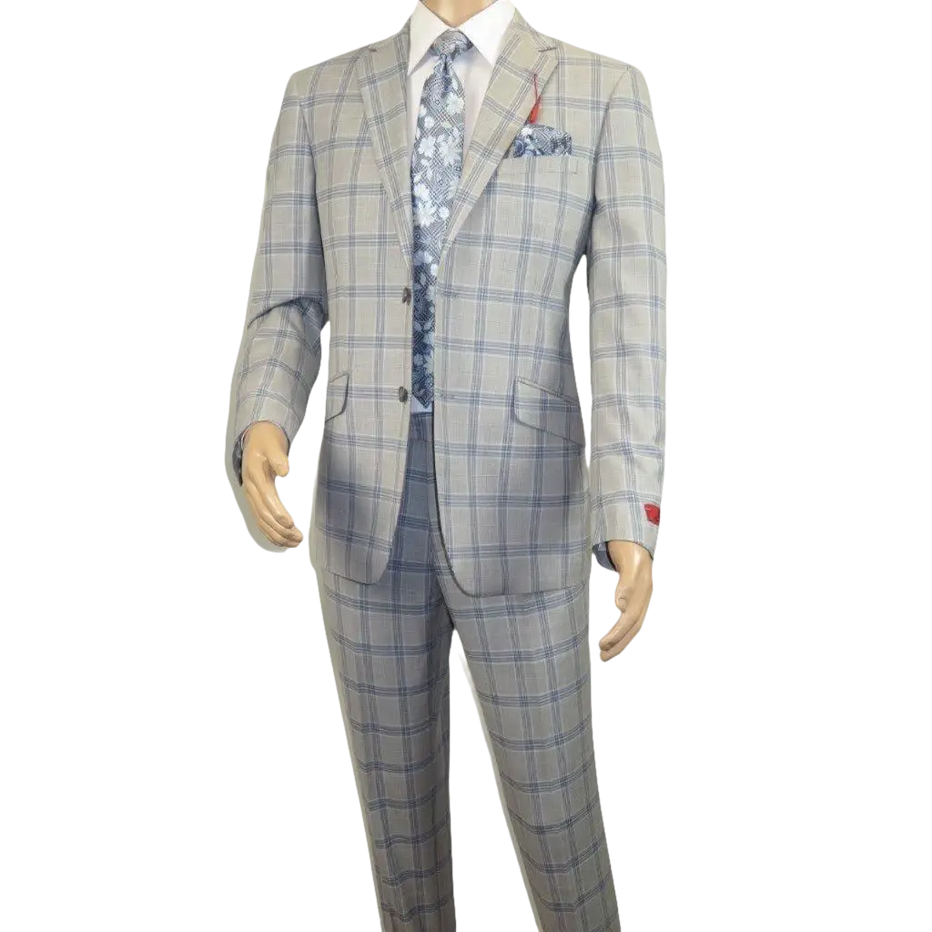 Mens Suit RENOIR English Plaid Window Pane Stretch Comfort Slim Fit 293 - 15 Gray - J.Valintin Men's Wear Legend - 293 - 15 Gray - 38S