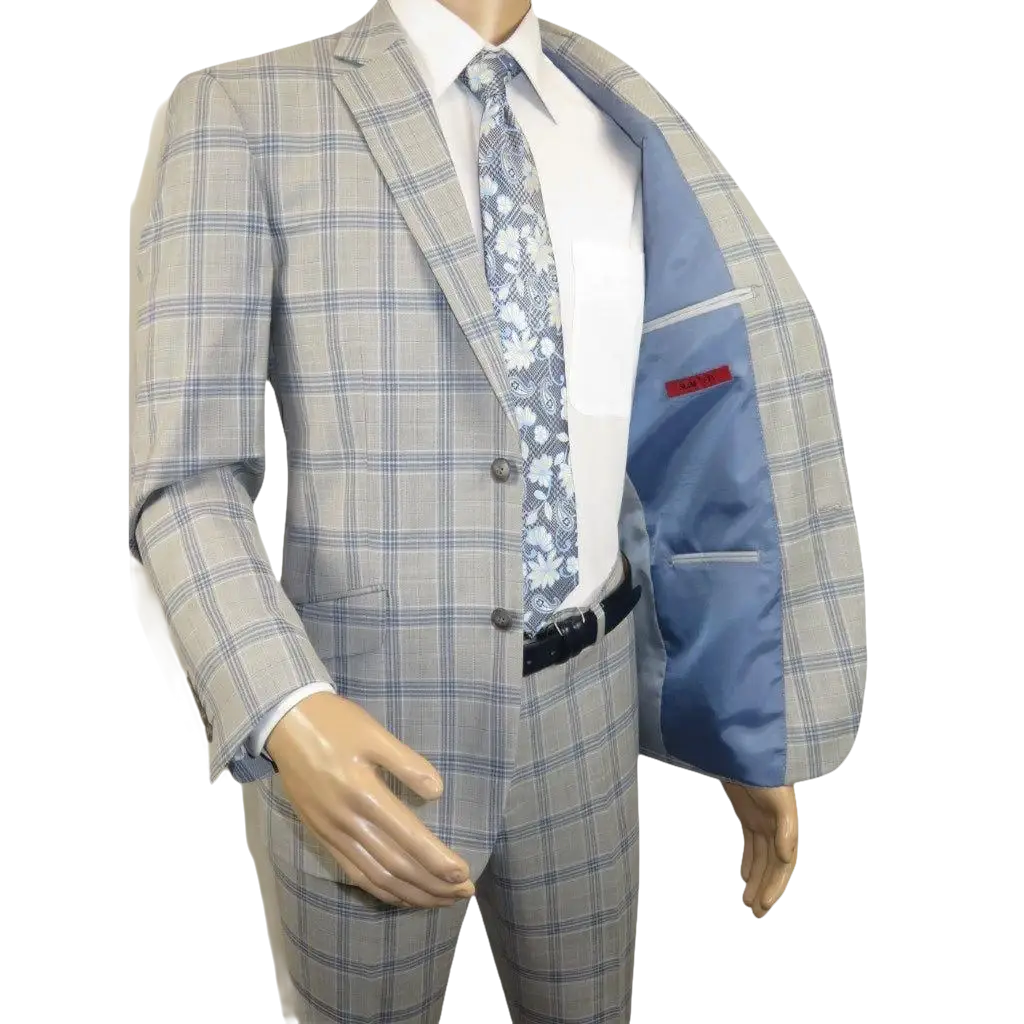 Mens Suit RENOIR English Plaid Window Pane Stretch Comfort Slim Fit 293 - 15 Gray - J.Valintin Men's Wear Legend - 293 - 15 Gray - 38S