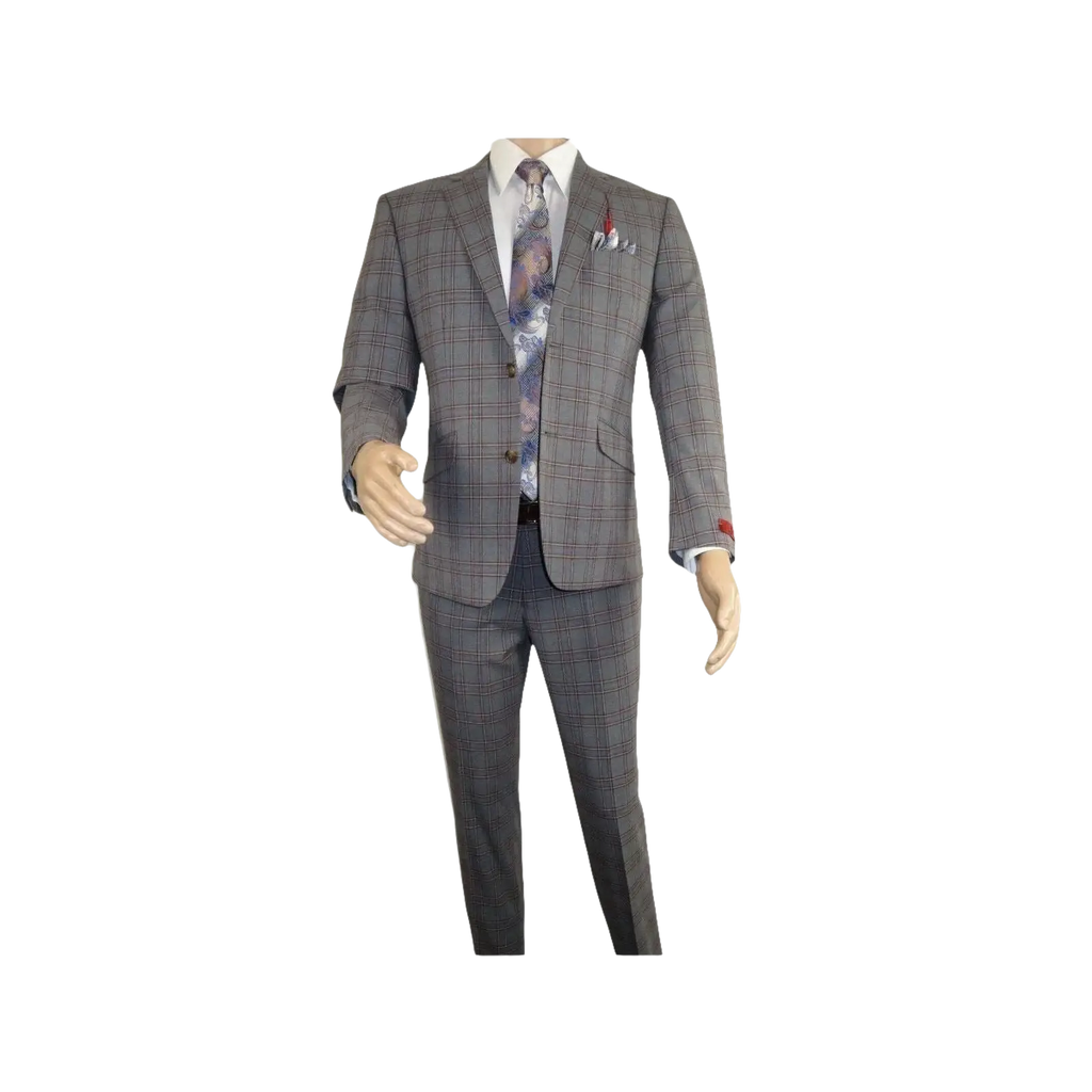 Mens Suit RENOIR English Plaid Window Pane Stretch Slim Comfort 293 - 7 Gray Brown - J.Valintin Men's Wear Legend - 19117