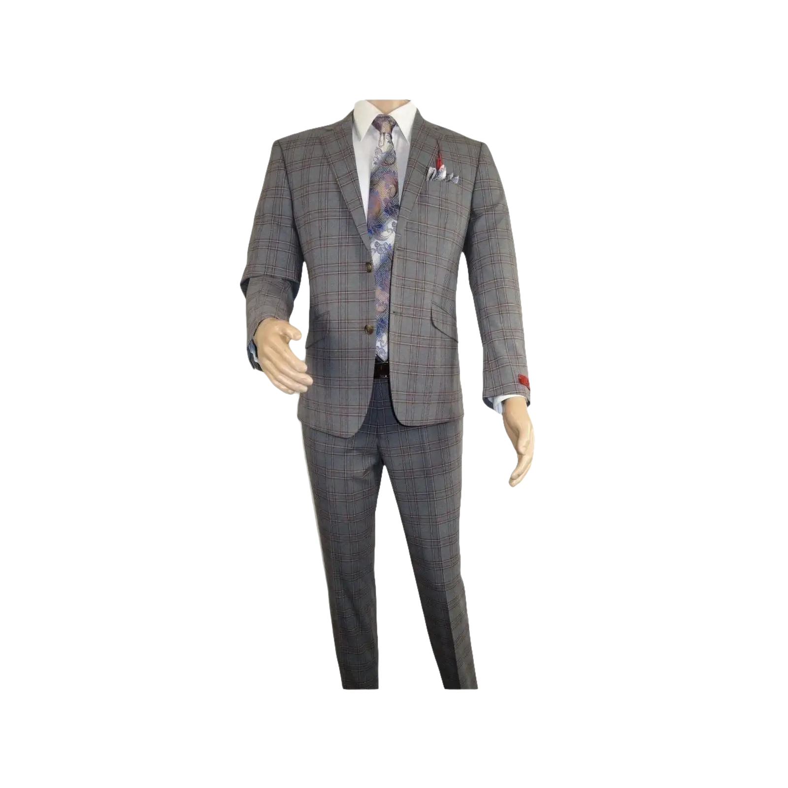 Mens Suit RENOIR English Plaid Window Pane Stretch Slim Comfort 293 - 7 Gray Brown - J.Valintin Men's Wear Legend - 19117
