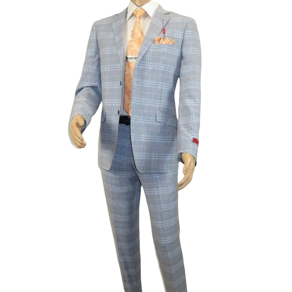 Mens Suit RENOIR English Plaid Window Pane Stretch Slim Fit Comfort 293 - 3 Blue - J.Valintin Men's Wear Legend - 93923
