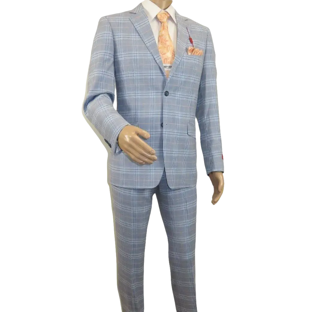 Mens Suit RENOIR English Plaid Window Pane Stretch Slim Fit Comfort 293 - 3 Blue - J.Valintin Men's Wear Legend - 93923