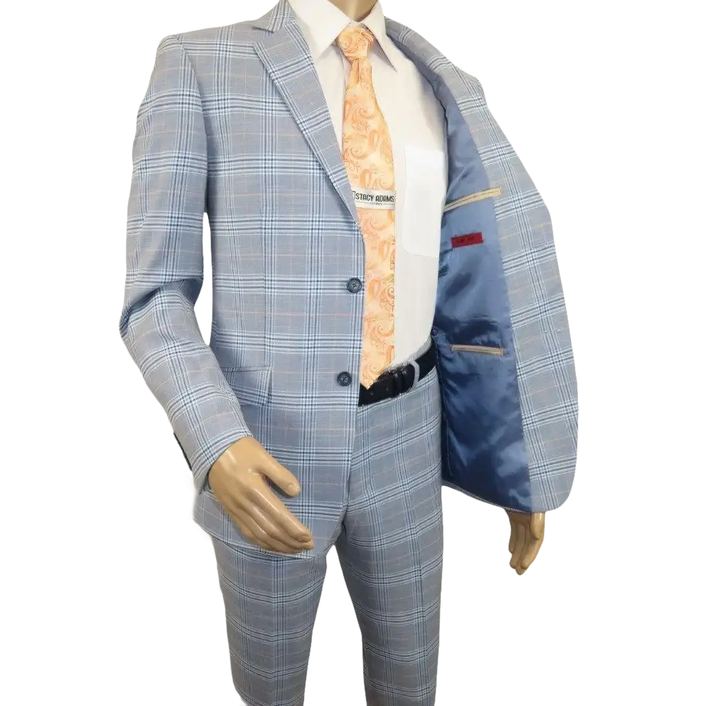 Mens Suit RENOIR English Plaid Window Pane Stretch Slim Fit Comfort 293 - 3 Blue - J.Valintin Men's Wear Legend - 93923