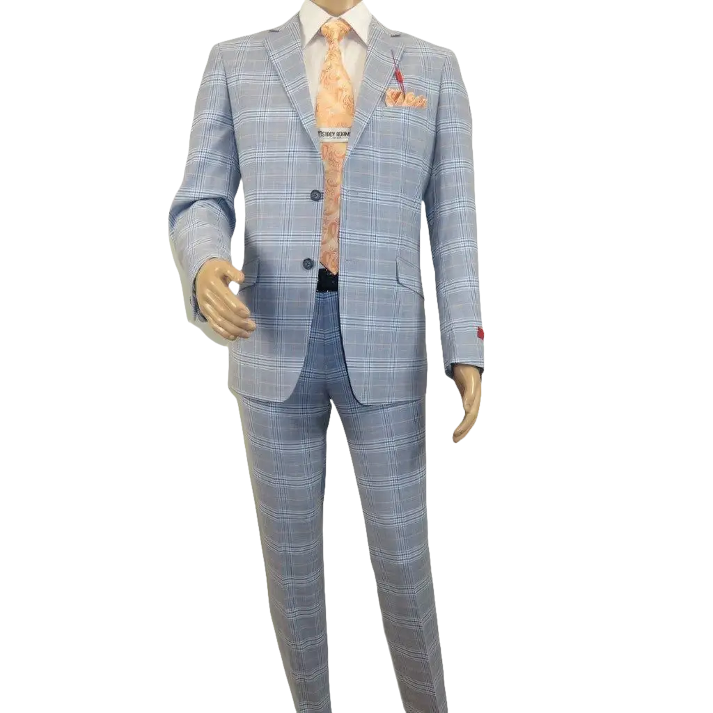 Mens Suit RENOIR English Plaid Window Pane Stretch Slim Fit Comfort 293 - 3 Blue - J.Valintin Men's Wear Legend - 93923