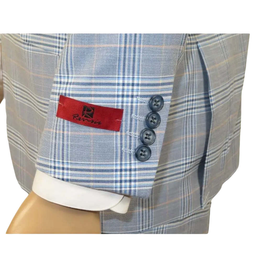 Mens Suit RENOIR English Plaid Window Pane Stretch Slim Fit Comfort 293 - 3 Blue - J.Valintin Men's Wear Legend - 93923