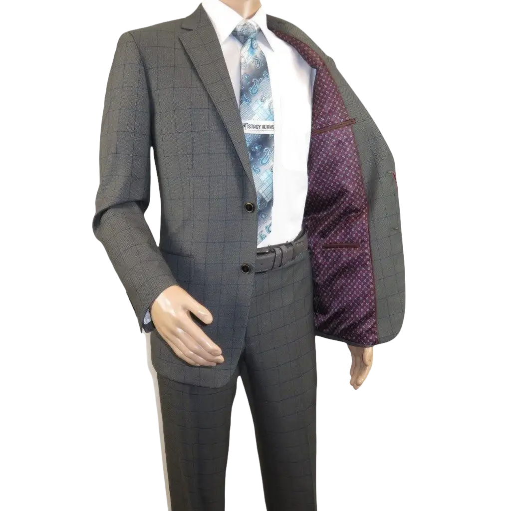 Mens Suit RENOIR English Window Pane Classic Fit Business 292 - 2 Gray Blue - J.Valintin Men's Wear Legend - 19068