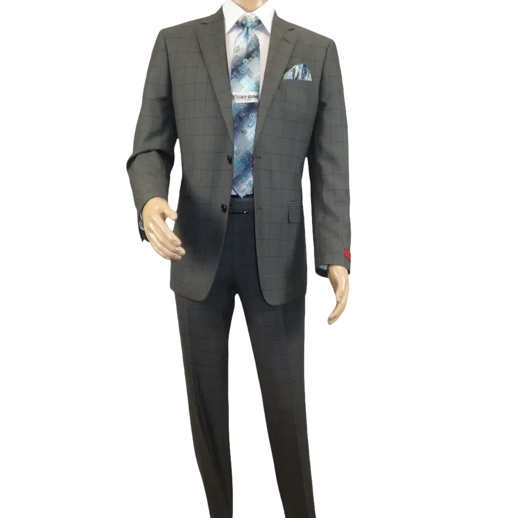 Mens Suit RENOIR English Window Pane Classic Fit Business 292 - 2 Gray Blue - J.Valintin Men's Wear Legend - 19068