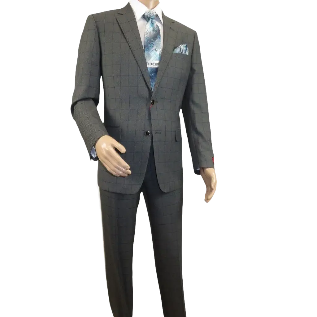 Mens Suit RENOIR English Window Pane Classic Fit Business 292 - 2 Gray Blue - J.Valintin Men's Wear Legend - 19068