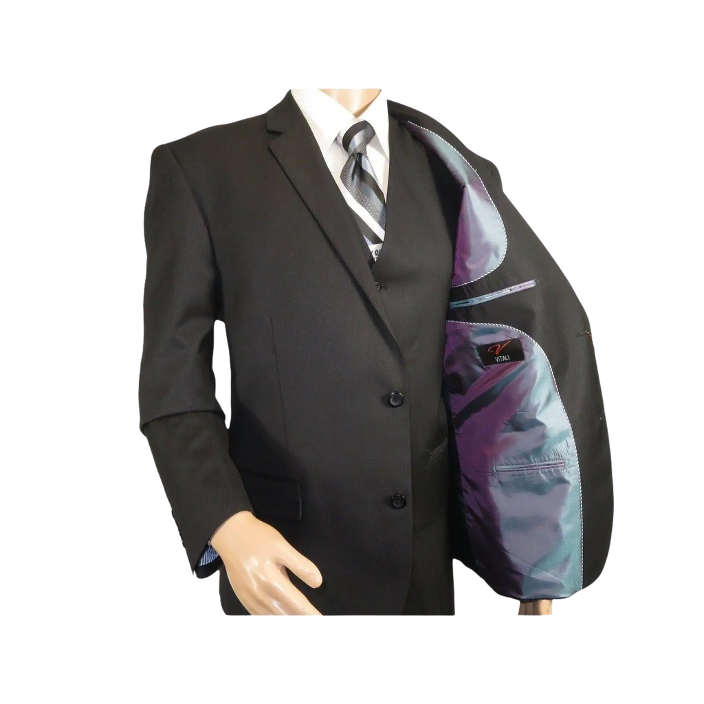 Mens Three Piece Suit Vested VITALI Soft Fabric With Sheen M3090 Black - J.Valintin Men's Wear Legend - 93569
