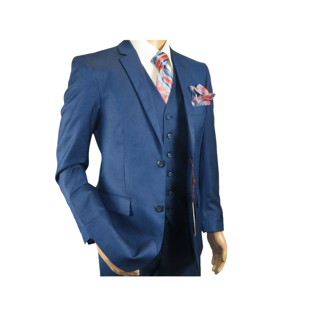 Mens Vitali Three Piece Suit Vested Sharkskin Sheen M3090 Royal blue Regular fit - J.Valintin Men's Wear Legend - 31894