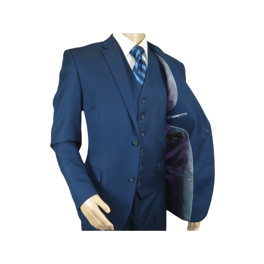 Mens Vitali Three Piece Suit Vested Sheen Sharkskin Business M3090 Ink blue - J.Valintin Men's Wear Legend - 93579