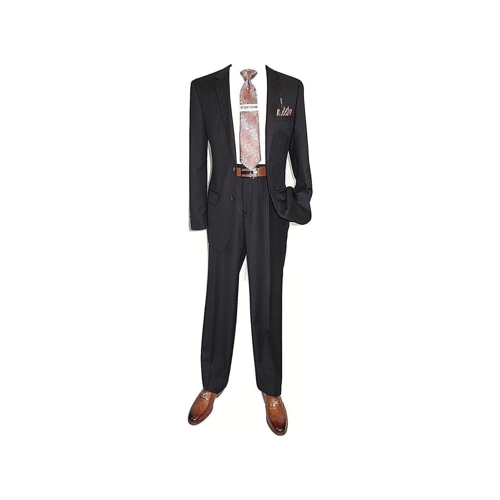Mens Wool Cashmere Black Stripe Business Suit Giorgio Cosani Two Button 910 - J.Valintin Men's Wear Legend - 18418