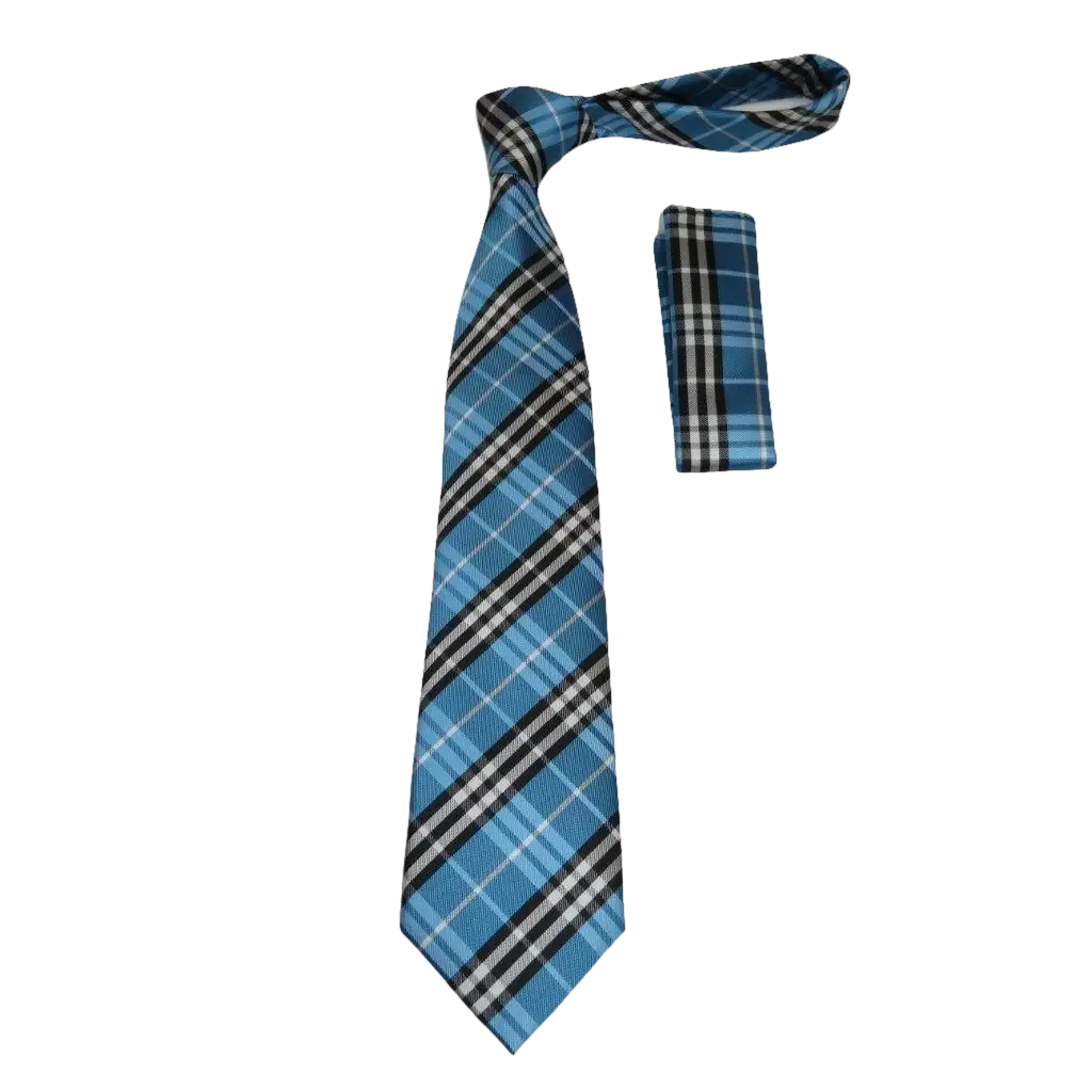 Men's Woven Tie Hankie Set J.Valintin Private Collection R37 Teal Blue Plaid - J.Valintin Men's Wear Legend - 95563