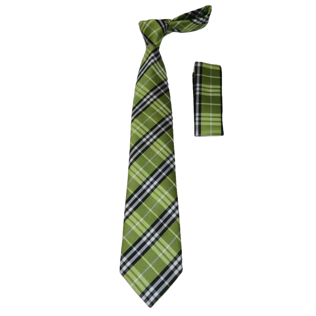 Men's Woven Tie Hankie Set J.Valintin Private Collection R38 Green Plaid - J.Valintin Men's Wear Legend - 95562