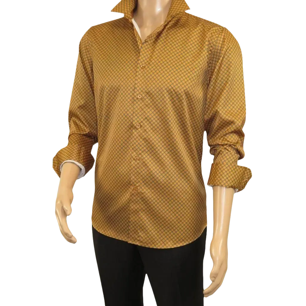Men's Sports Shirt By Moderno Checker Fancy Long Sleeves MJLS-890 Gold