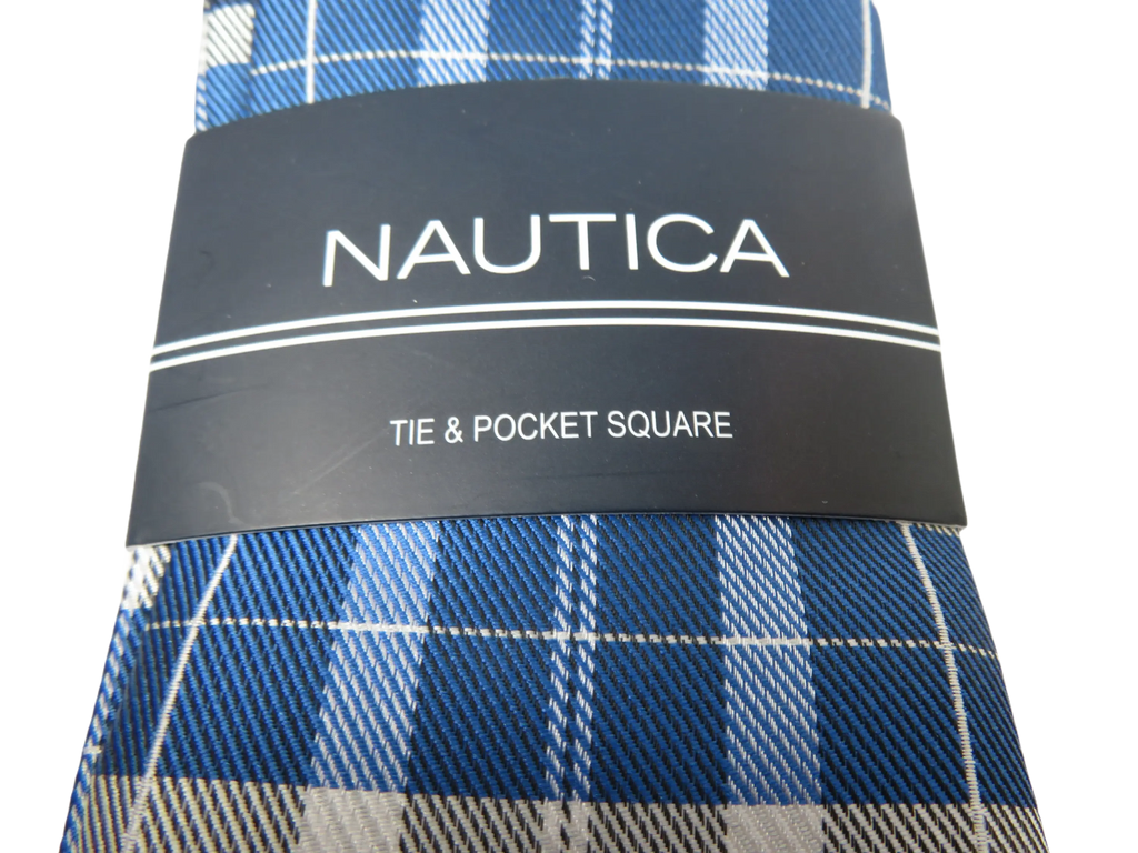 Men's  Nautica Tie and Hankie Set Woven Silky Feel #Nautica-5 Blue Checkers