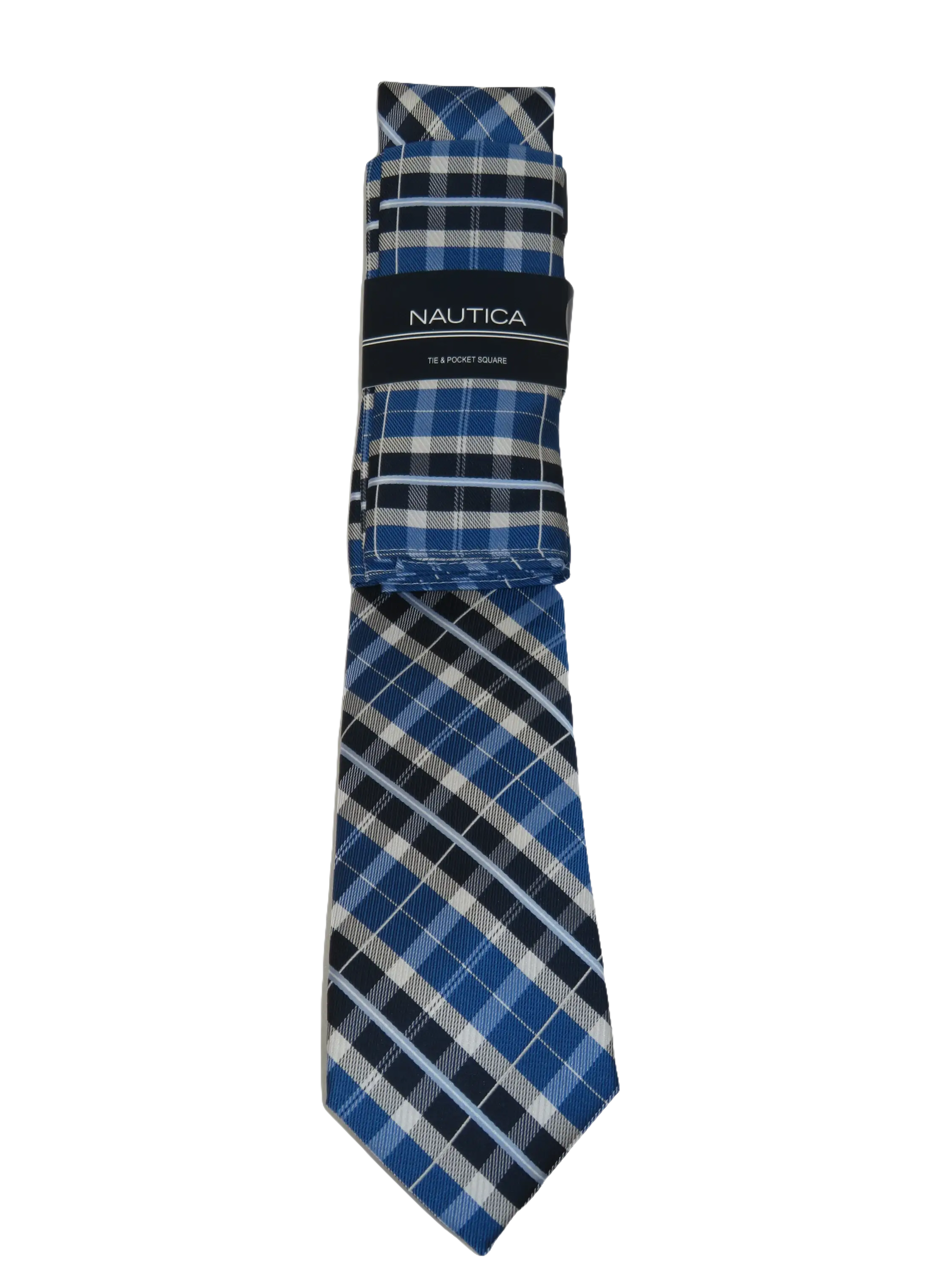 Men's  Nautica Tie and Hankie Set Woven Silky Feel #Nautica-5 Blue Checkers