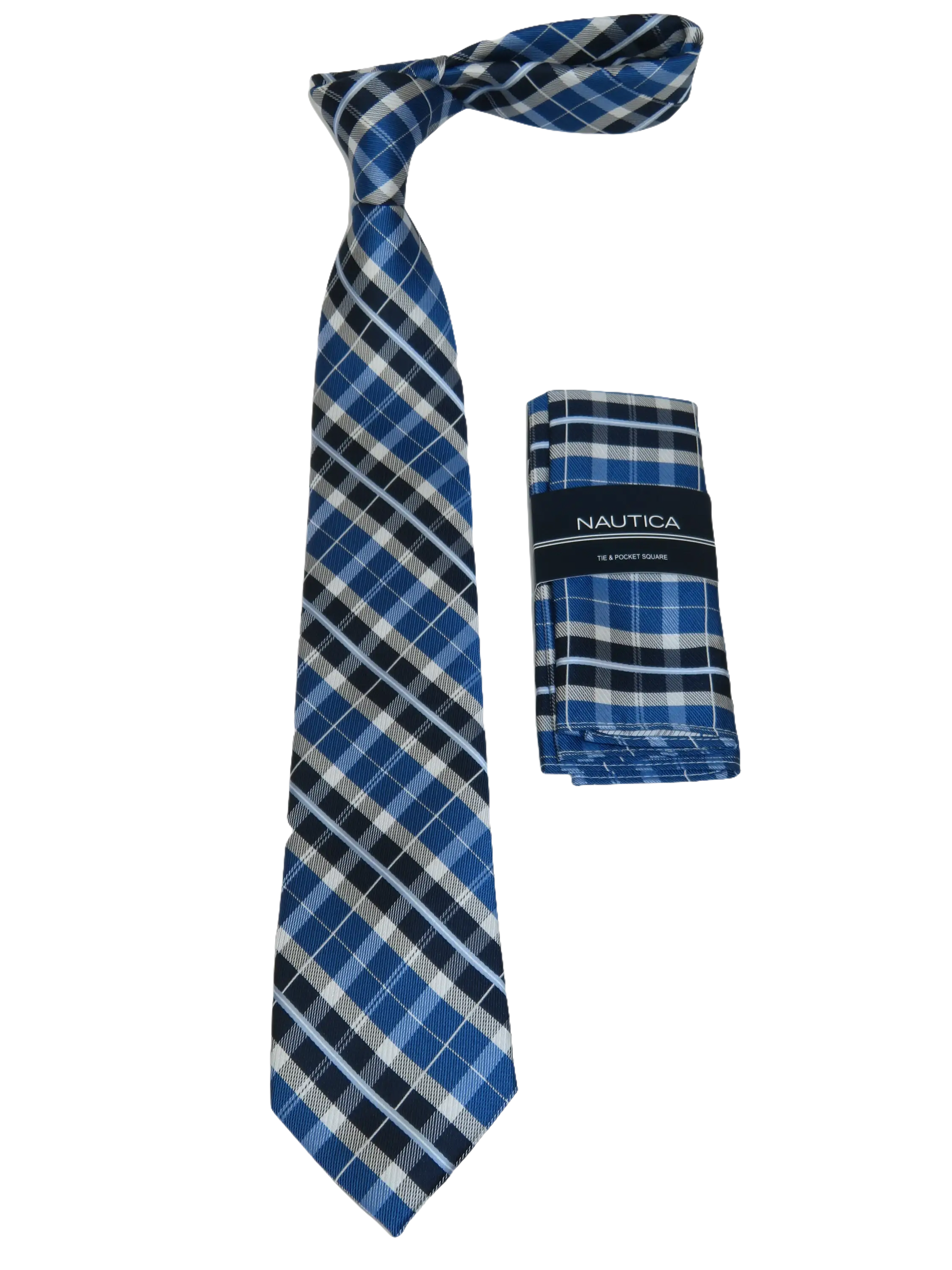 Men's  Nautica Tie and Hankie Set Woven Silky Feel #Nautica-5 Blue Checkers
