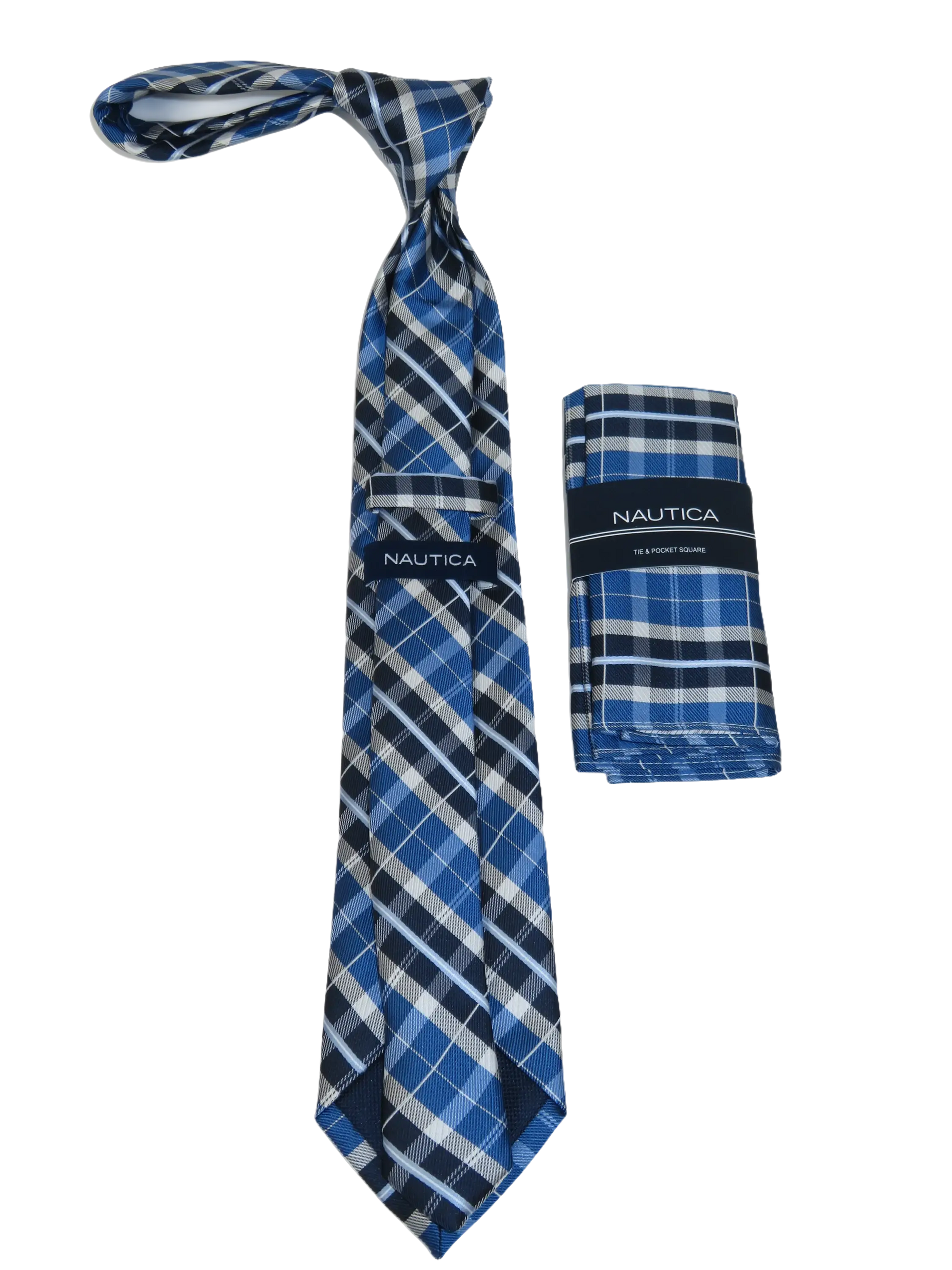 Men's  Nautica Tie and Hankie Set Woven Silky Feel #Nautica-5 Blue Checkers