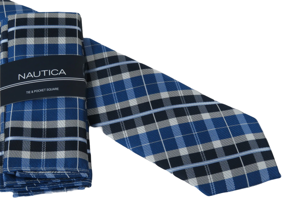 Men's  Nautica Tie and Hankie Set Woven Silky Feel #Nautica-5 Blue Checkers