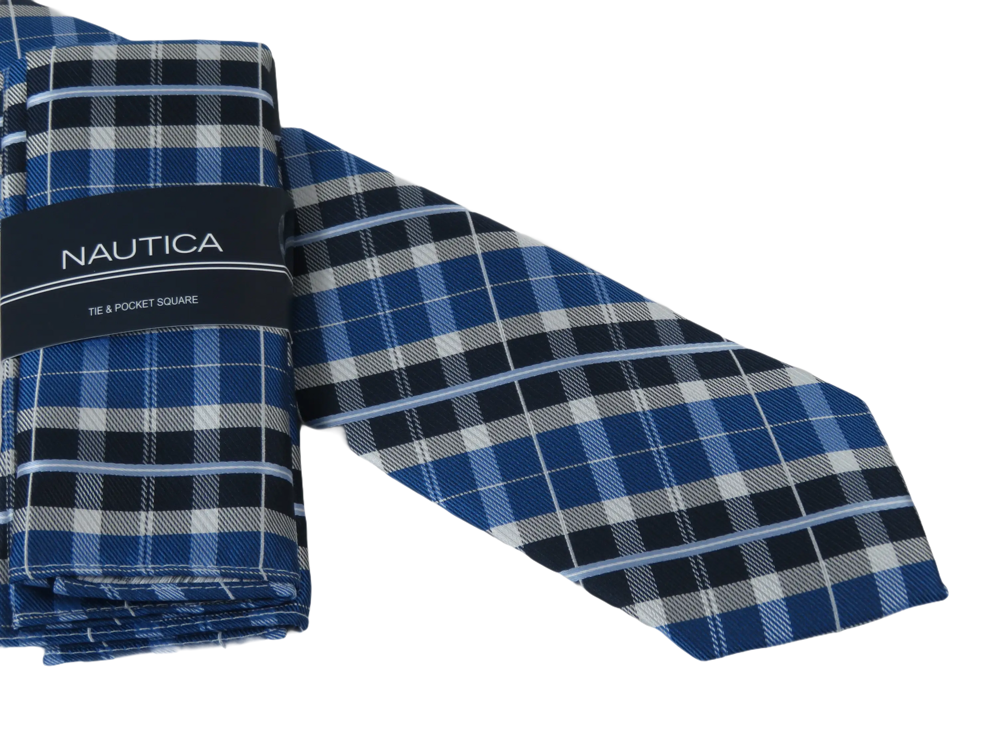 Men's  Nautica Tie and Hankie Set Woven Silky Feel #Nautica-5 Blue Checkers