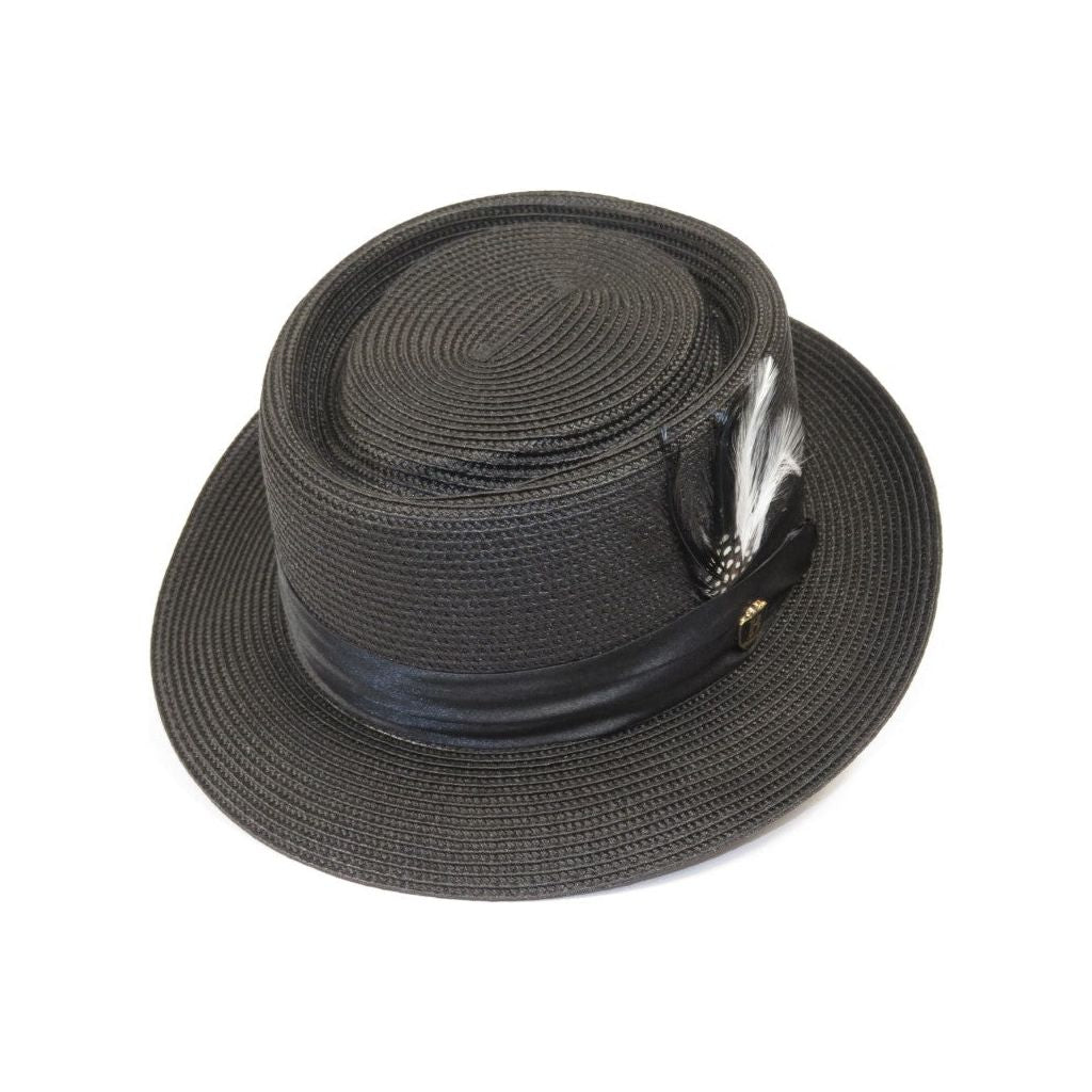 Men's Bruno Capelo RAFAELE Braid Straw Pork Pie Hat Telescope Crown RF-400 Black
