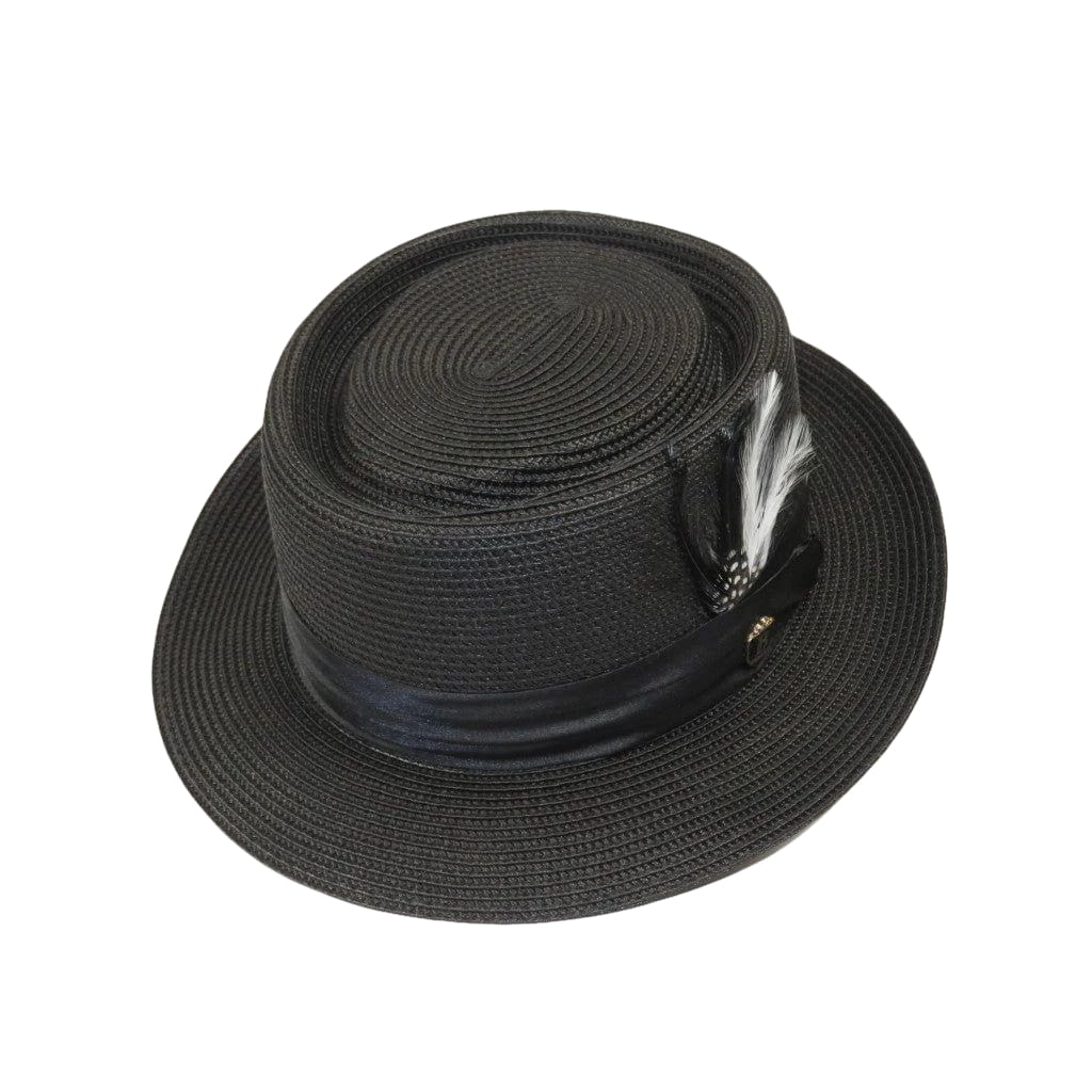 Men's Bruno Capelo RAFAELE Braid Straw Pork Pie Hat Telescope Crown RF-400 Black