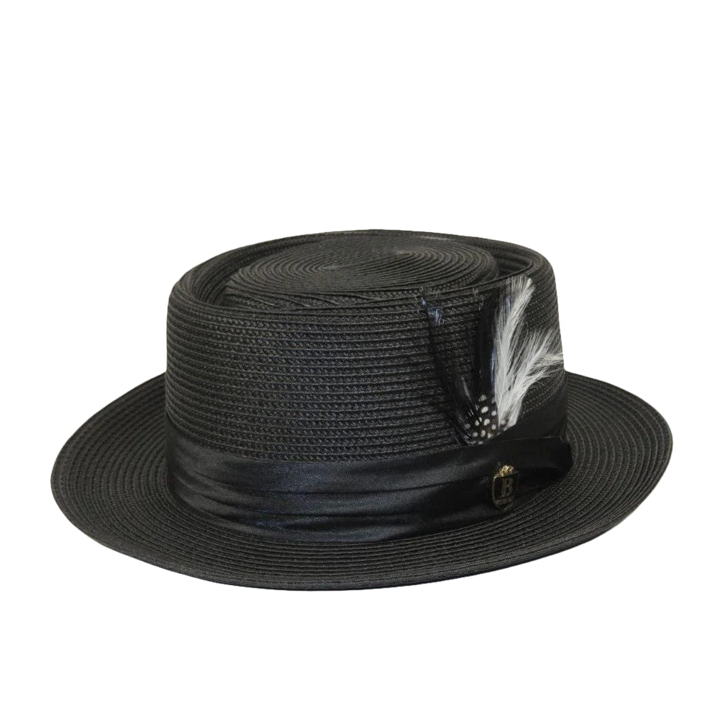 Men's Bruno Capelo RAFAELE Braid Straw Pork Pie Hat Telescope Crown RF-400 Black
