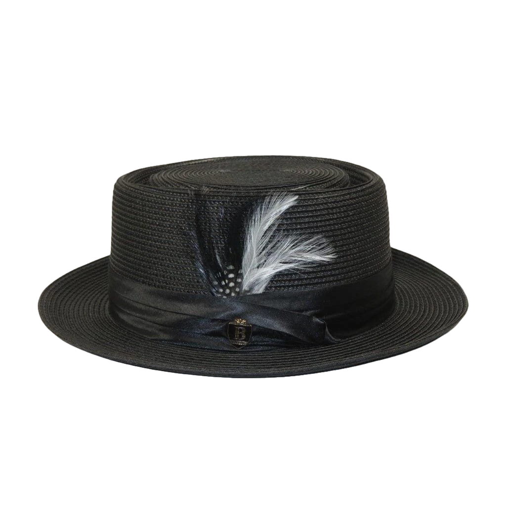 Men's Bruno Capelo RAFAELE Braid Straw Pork Pie Hat Telescope Crown RF-400 Black