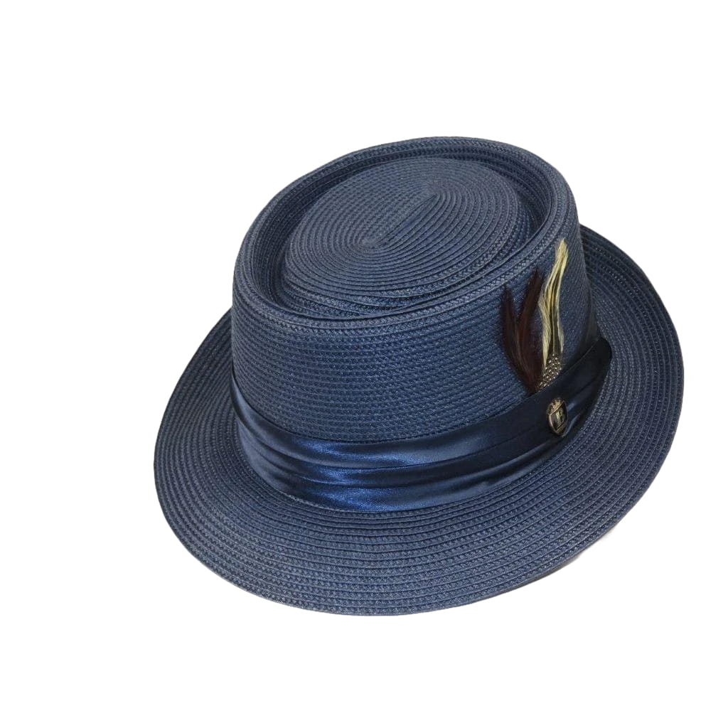 Men's Bruno Capelo RAFAELE Braid Straw Pork Pie Hat Telescope Crown RF-402 Navy