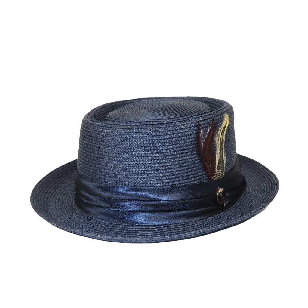 Men's Bruno Capelo RAFAELE Braid Straw Pork Pie Hat Telescope Crown RF-402 Navy