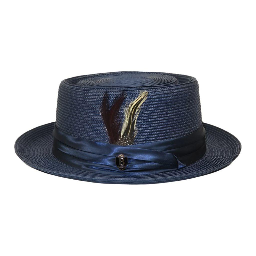 Men's Bruno Capelo RAFAELE Braid Straw Pork Pie Hat Telescope Crown RF-402 Navy