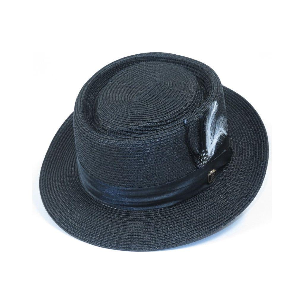 Men's Bruno Capelo RAFAELE Braid Straw Pork Pie Hat Telescope Crown RF-402 Navy
