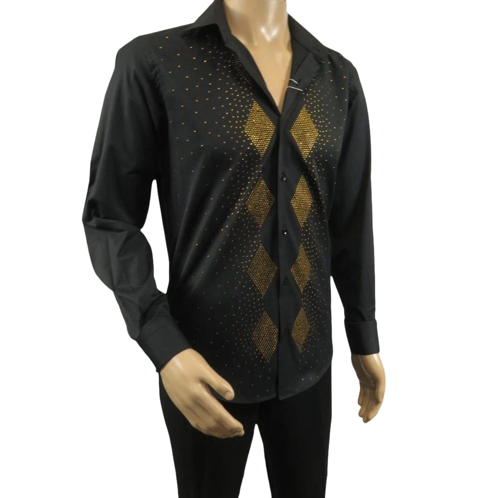 Men CEREMONIA Turkey Shirt 100% Cotton Fancy Rhine Stones #Rio 15 Black Slim Fit