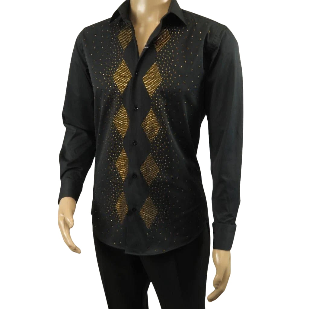 Men CEREMONIA Turkey Shirt 100% Cotton Fancy Rhine Stones #Rio 15 Black Slim Fit