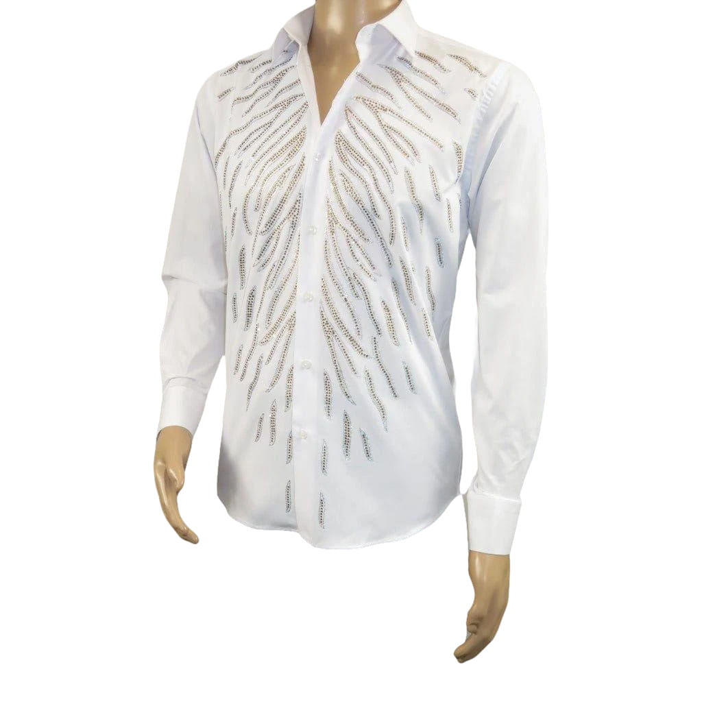 Men CEREMONIA Turkey Shirt 100% Cotton Fancy Rhine Stone #Roma 13 White Slim Fit
