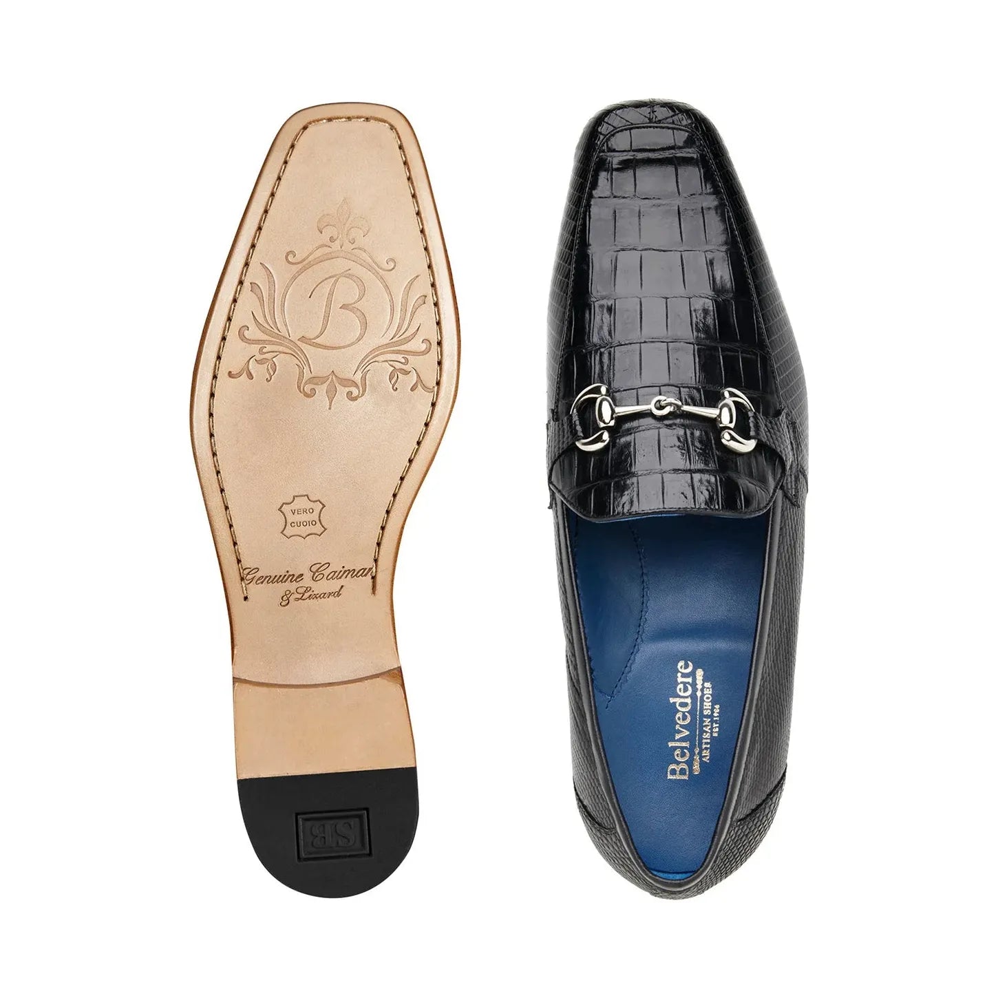Belvedere Udine Shoes Genuine Caiman Crocodile and Lizard Loafer 1030 Black