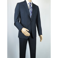 Men Suit BERLUSCONI Italian Wool 180's Pin Stripe One Button Peak UGS95-01 Navy